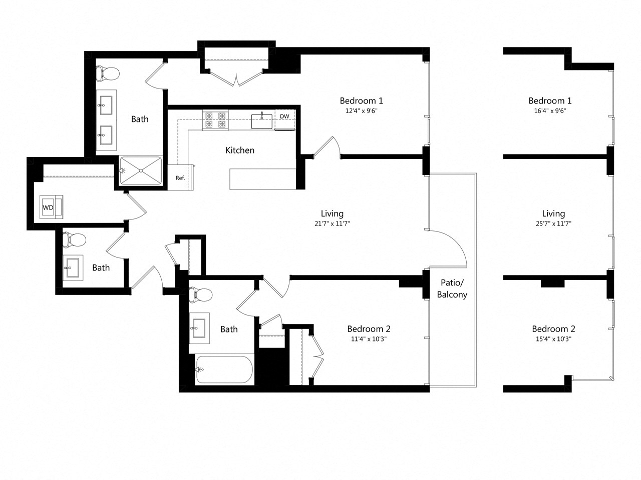 Floor plan for 2 beds, 2.5 baths, 1064 sqft